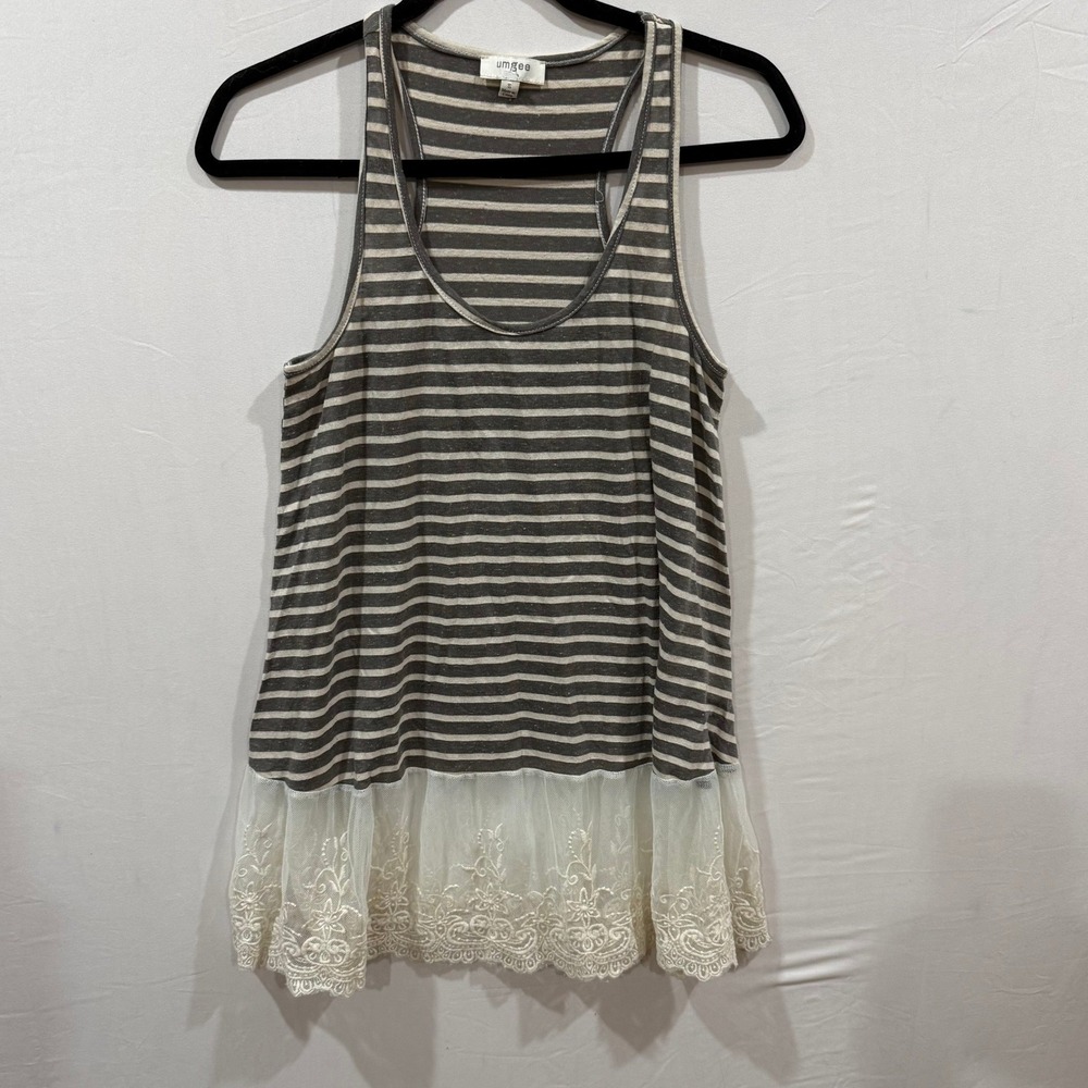 Umgee Striped Lace Trim Tank Top Women's Size Small Gray‎ White Boho